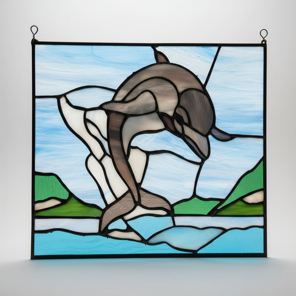 Stained Glass Dolphin Panel - Handcrafted Window Art | Sunlit Glass
