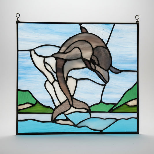 Stained Glass Dolphin Panel - Handcrafted Window Art | Sunlit Glass