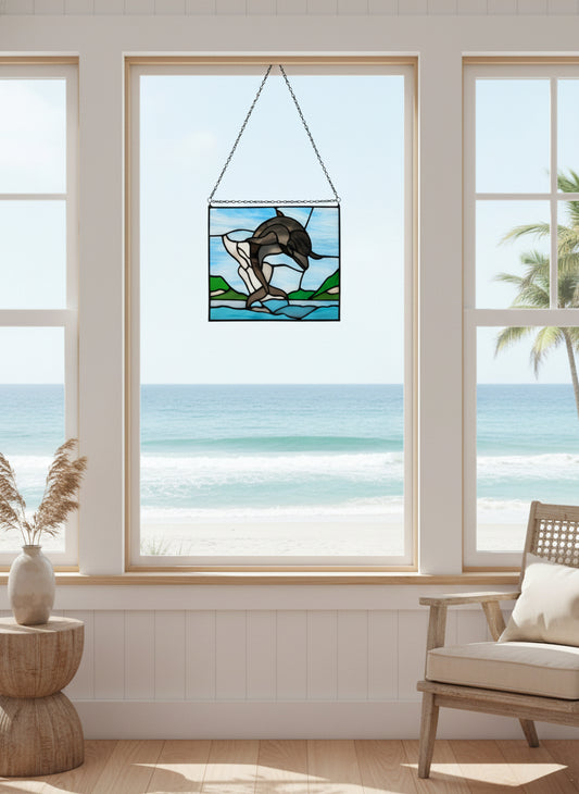 Stained Glass Dolphin Panel - Handcrafted Window Art | Sunlit Glass