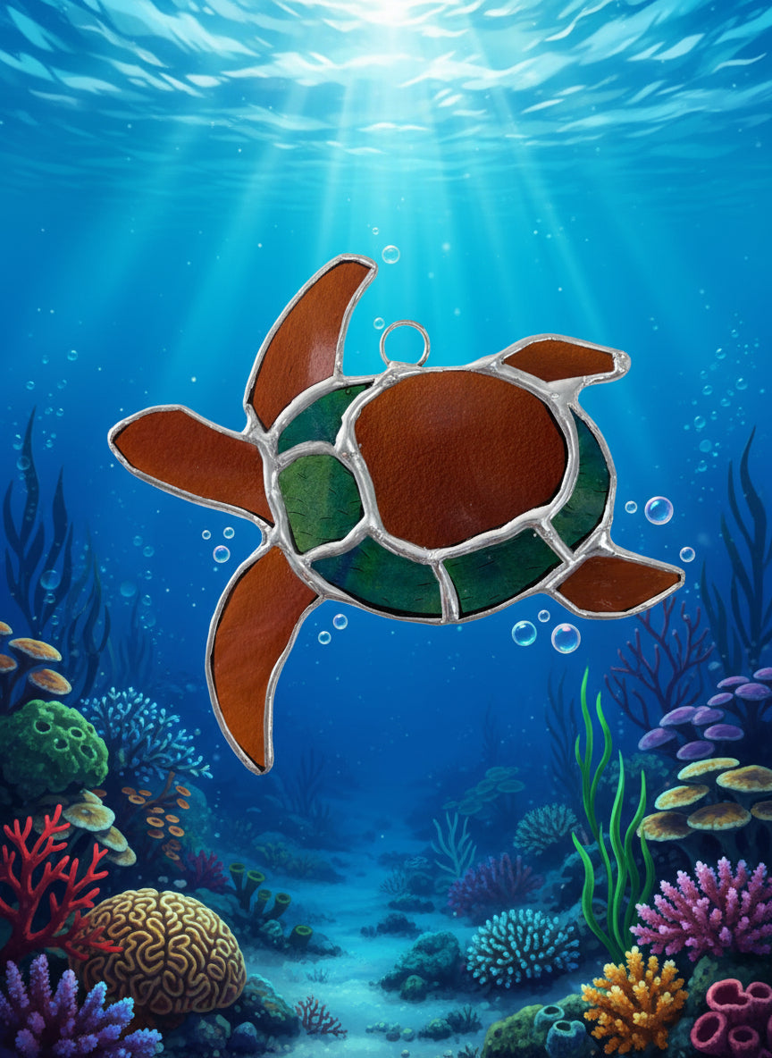 Stained Glass Sea Turtle - 5x5.5" Handcrafted Ocean Art | Sunlit Glass