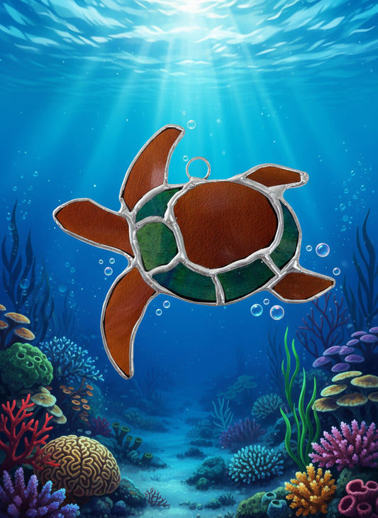 Stained Glass Sea Turtle - 5x5.5" Handcrafted Ocean Art | Sunlit Glass