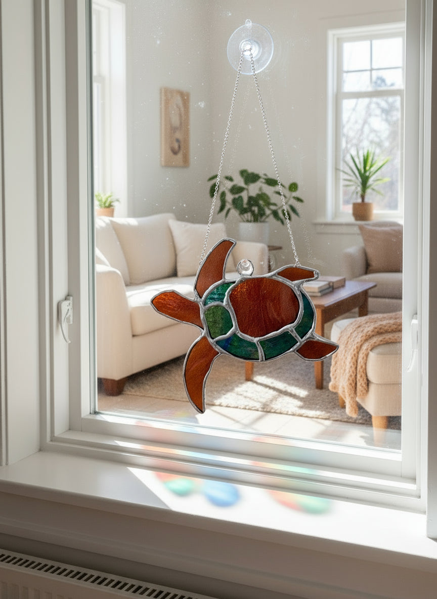 Stained Glass Sea Turtle - 5x5.5" Handcrafted Ocean Art | Sunlit Glass