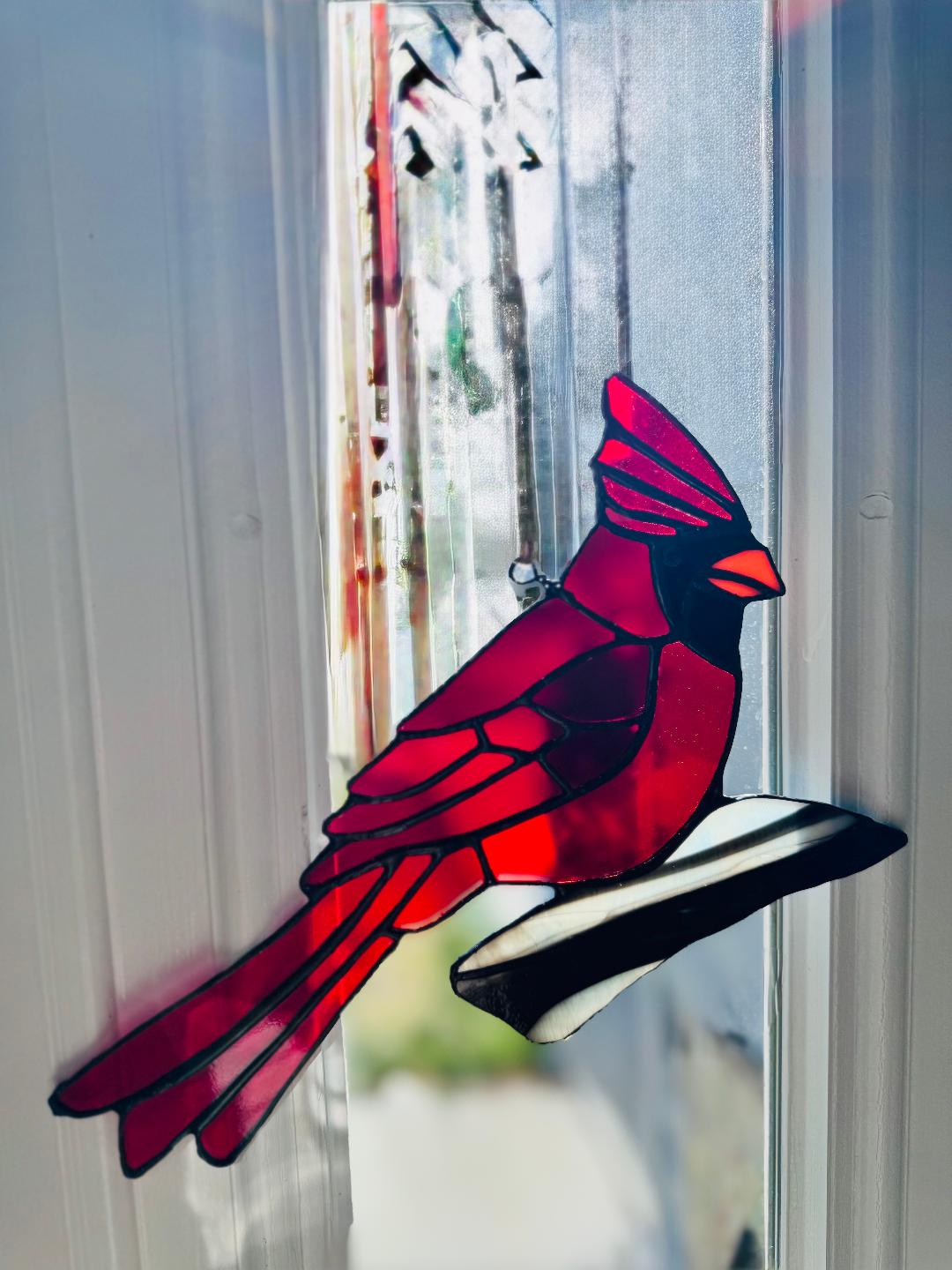 Handcrafted Stained Glass Cardinal - Red Bird Window Art | Sunlit Glass