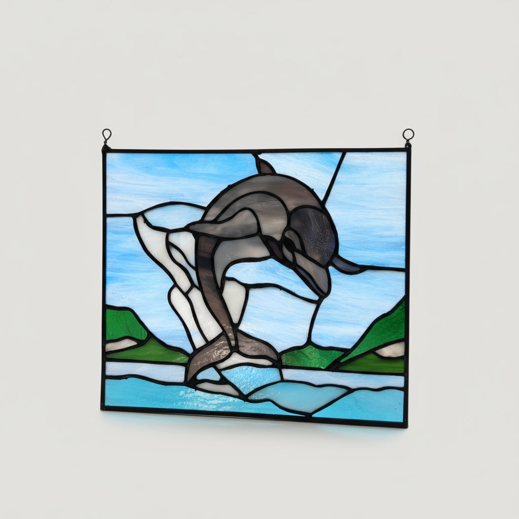 Stained Glass Dolphin Panel - Handcrafted Window Art | Sunlit Glass