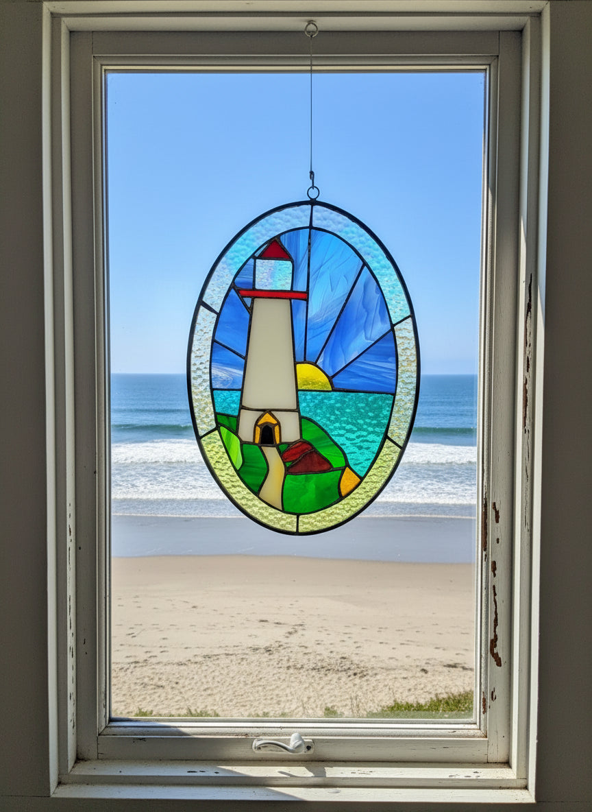 Stained Glass Lighthouse Ocean, Sun and Sky