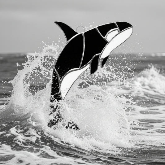 Stained Glass Orca - Black & White Ocean Art | Sunlit Glass