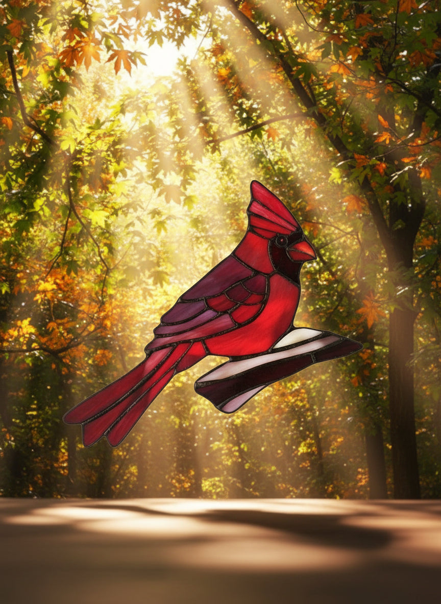 Handcrafted Stained Glass Cardinal - Red Bird Window Art | Sunlit Glass