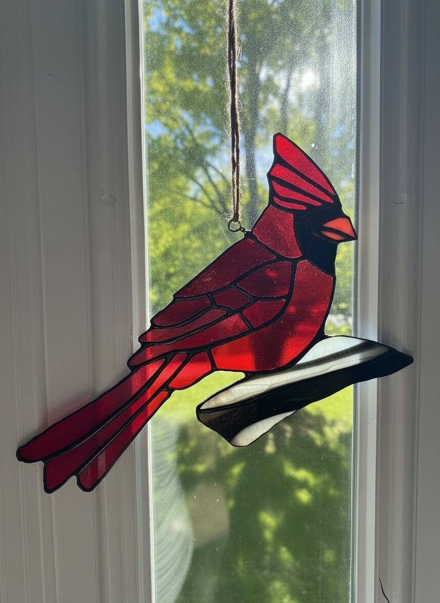 Handcrafted Stained Glass Cardinal - Red Bird Window Art | Sunlit Glass
