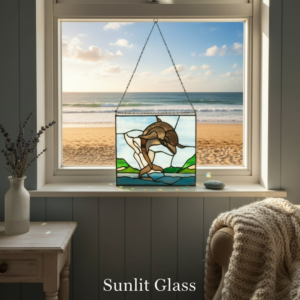 Stained Glass Dolphin Panel - Handcrafted Window Art | Sunlit Glass