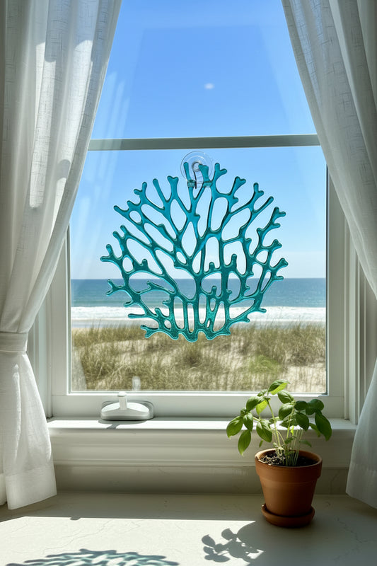 Fused Glass Coral Fan - 10x10" Handmade Coastal Wall Art | Sunlit Glass